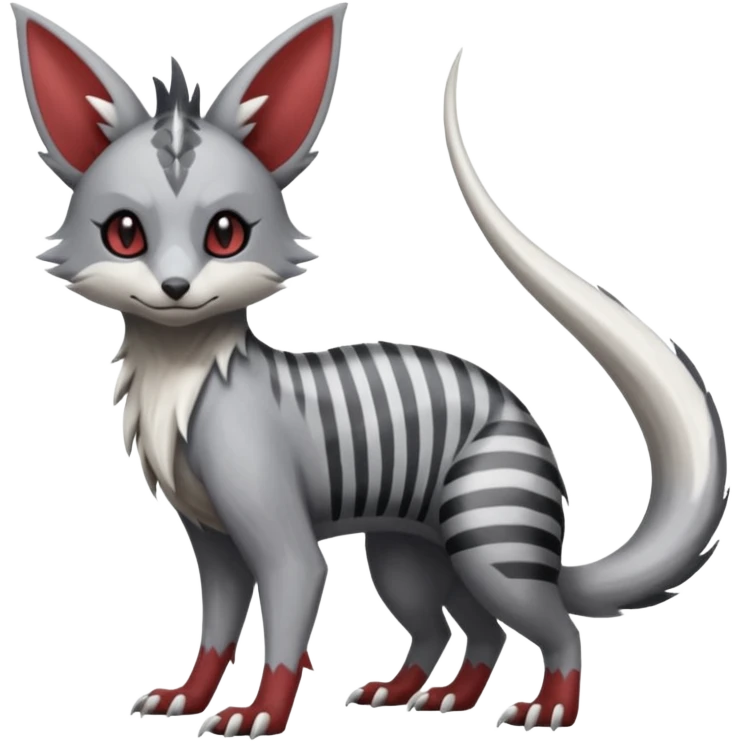 Minccino-Lykoi-Linoone-Zangoose-fusion-hybrid-animal-Fakémon-creature, full body, thin long sleek scaly tail, intricate markings emoji