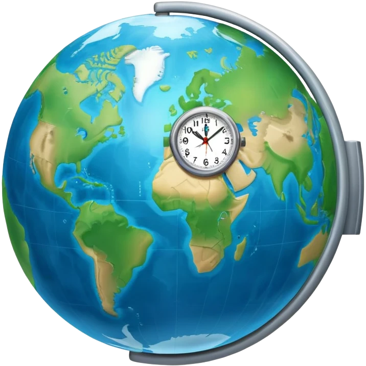 Earth globe with analog clock in corner, timezone symbol, iOS emoji style emoji