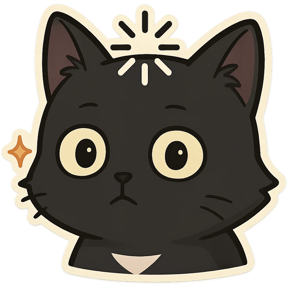 Cat meme, a black cat head with a dull expression, wide eyes, and a loading symbol on its head emoji