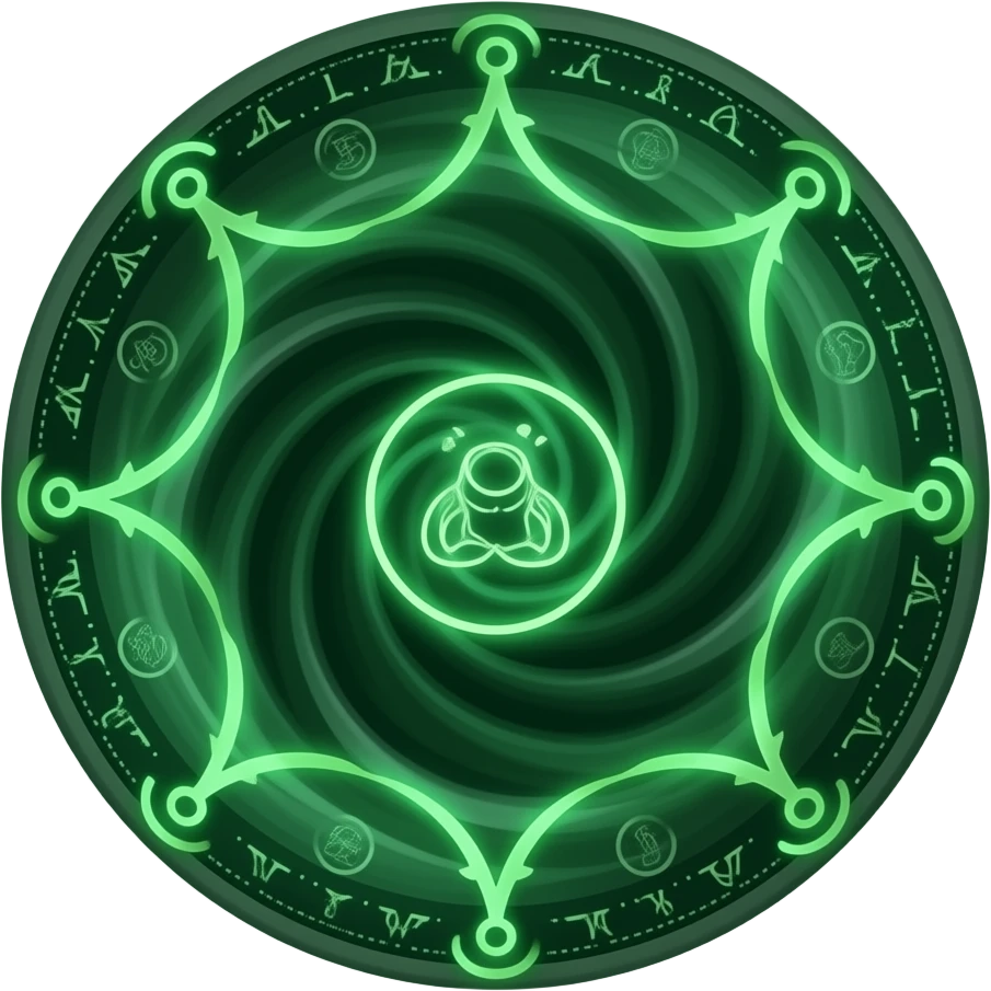 Curse of Lanka, a swirling vortex of dark green energy and magical runes, possessing a unit, mind control effect, shadowy spirits, mystical skill style. emoji