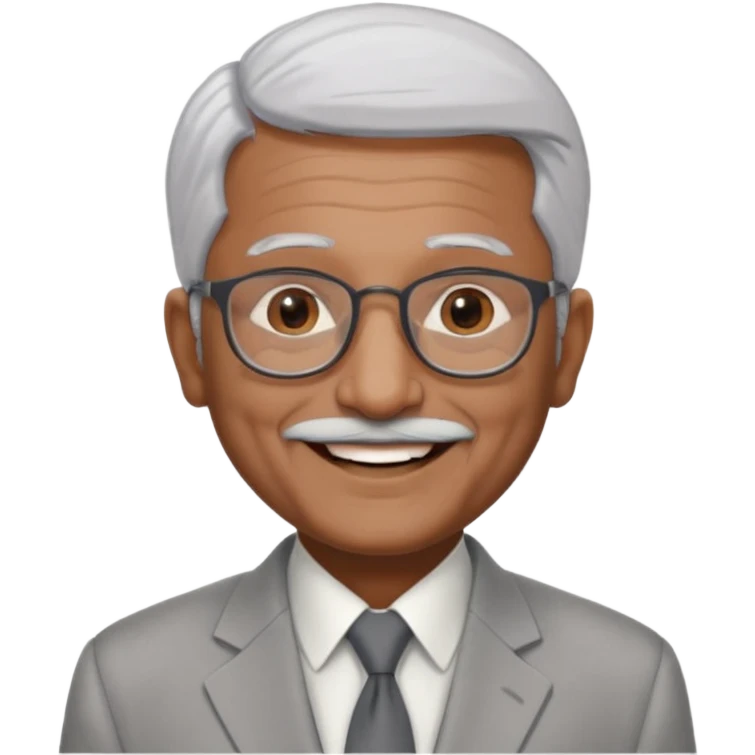 70 yr old indian man, short straight white hair brushed foreward , light grey business suit, big smile, dark brown skin, no moustache, dark brown eyes, glasses
 emoji