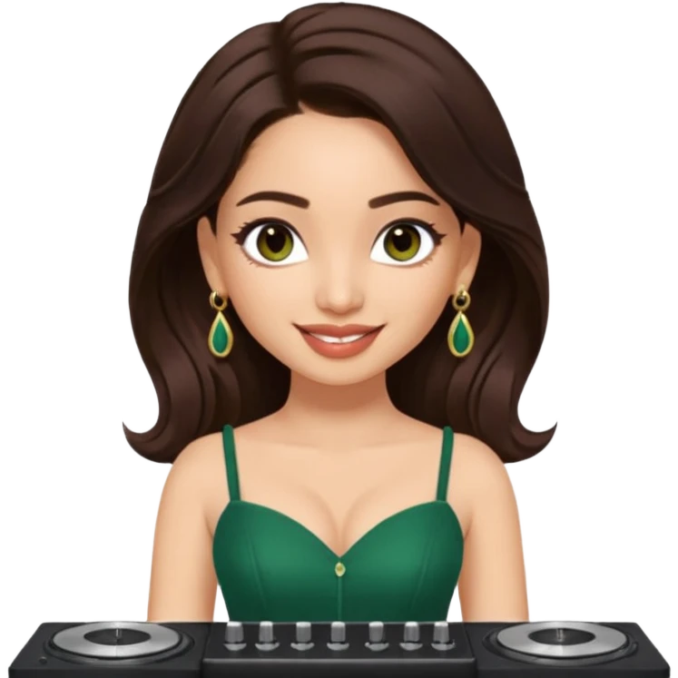 pretty bratz genmoji that looks like tamannah bhatia (bollywood actress), wearing a dark green sweetheart neckline top, dark brown hair, light makeup, no necklace, dangly earrings, side hair part, dark brown eyes, djing emoji
