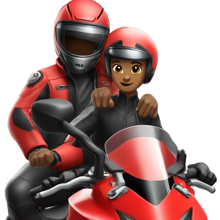 Two people wearing black helmet in a red ducati 1098 motorcycle  emoji