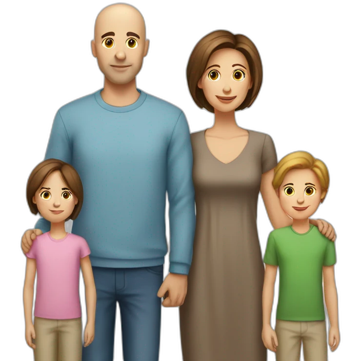 family of 5 persons mother has brown hair father is bald and the kids are tall emoji