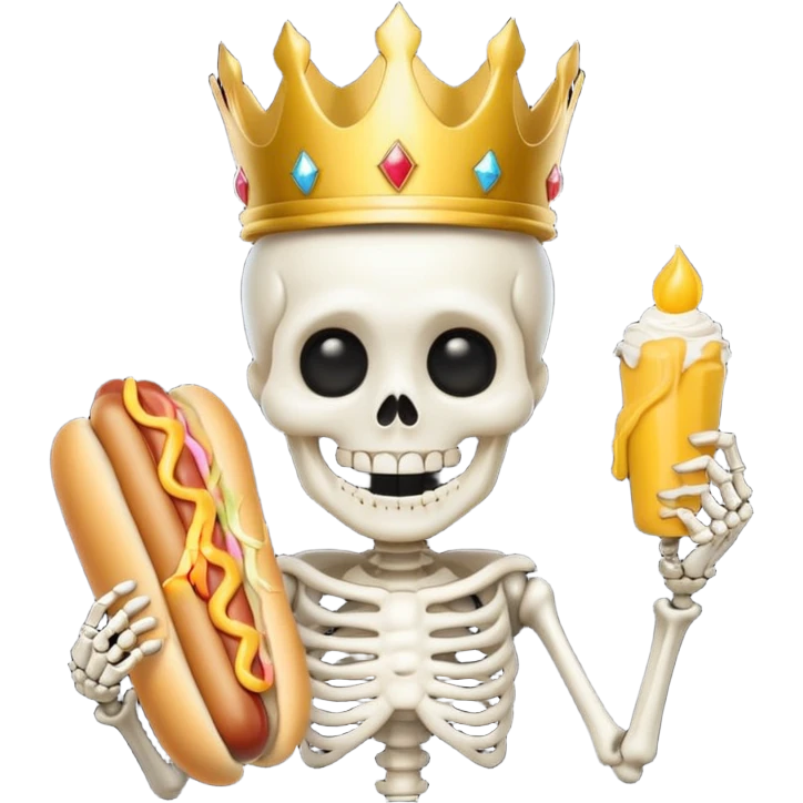 A cute skeleton wearing crown and holding hot dog





















 emoji