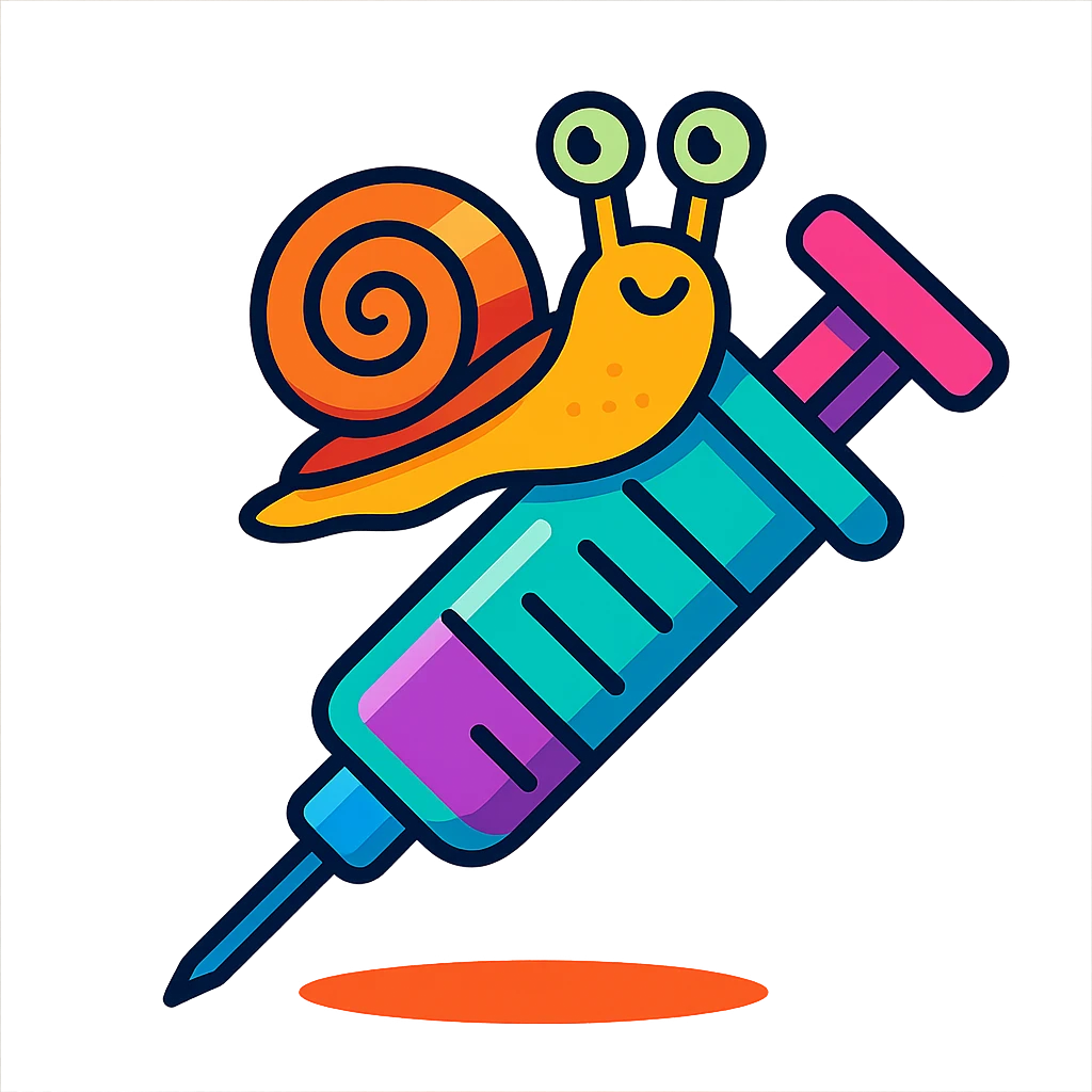 a playful syringe with a snail crawling on it, vibrant toon style, fun and colorful emoji