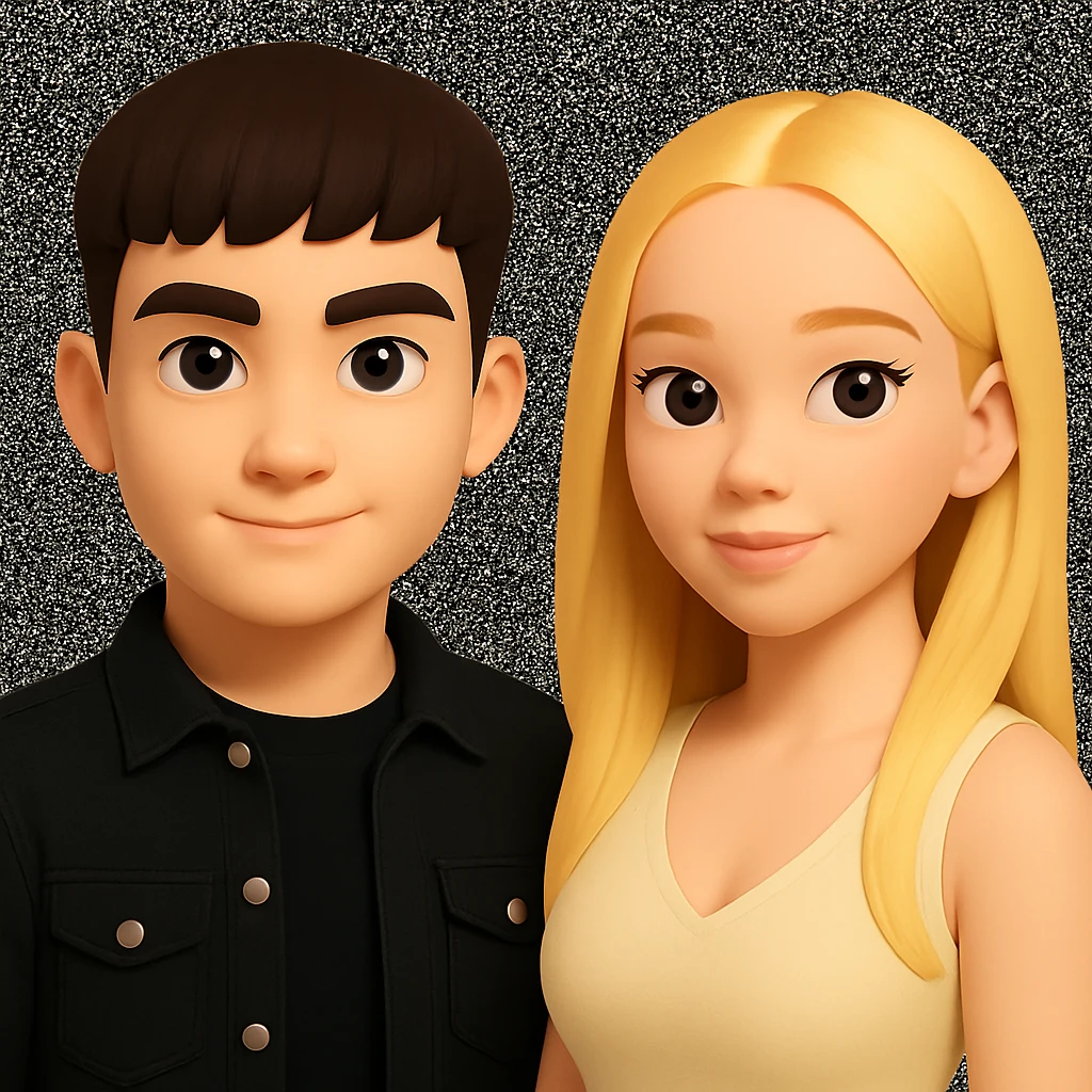 Slightly increase the volume of the upper body of the girl, separate the girl and the boy from each other, make the skin color the same for both characters, while preserving the cartoonish 3D style as shown in the reference image. emoji