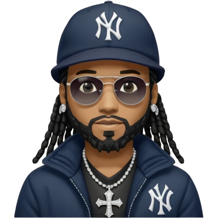 African American man with shoulder length black dreadlocks with black beard wearing black sunglasses wearing a New York Yankees logo baseball cap wearing a black bubble winter coat wearing a diamond grill in mouth with diamond cross necklace on his neck emoji