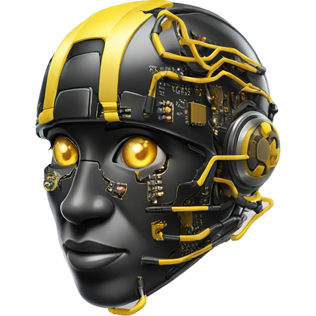 Black and yellow cyborg head with football helmet and circuits emoji