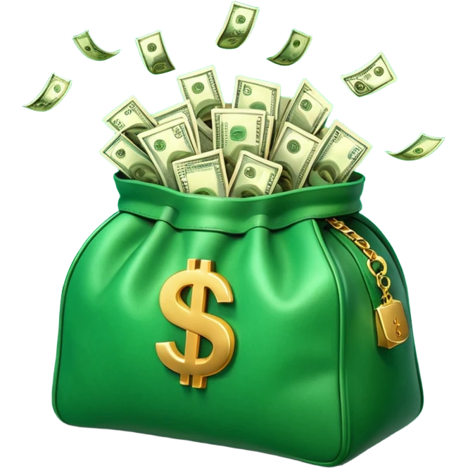 

3D emoji style, big bag of money, flying dollar bills, rich casino vibe, smooth lighting, high detail, clean edges, transparent background



 emoji