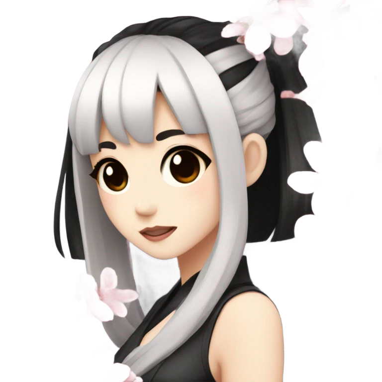Anime girl with black hair holding a cherry blossom and black eyes emoji