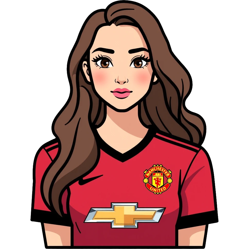 Cute girl with long straight brown hair, brown eyes with mascara, makeup, wearing a Manchester United red football kit emoji