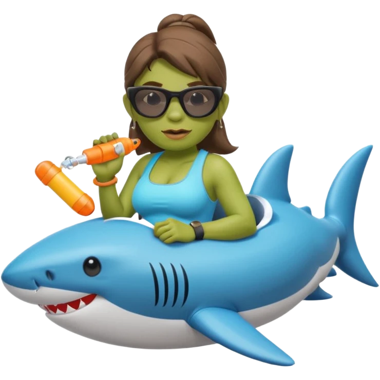 orc female sitting in an inflatable floatie shaped like a shark, wearing oversized sunglasses and a whistle on a neck cord, 2d emoji