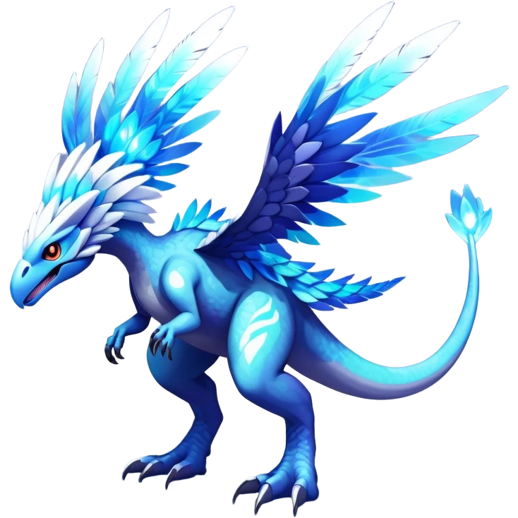 Shiny Futuristic Celestial Magical Ethereal Fakemon-HeadFeathers-Pokemon-Digimon-Spectrobes-Raptor-Dinosaur-fusion, full body emoji