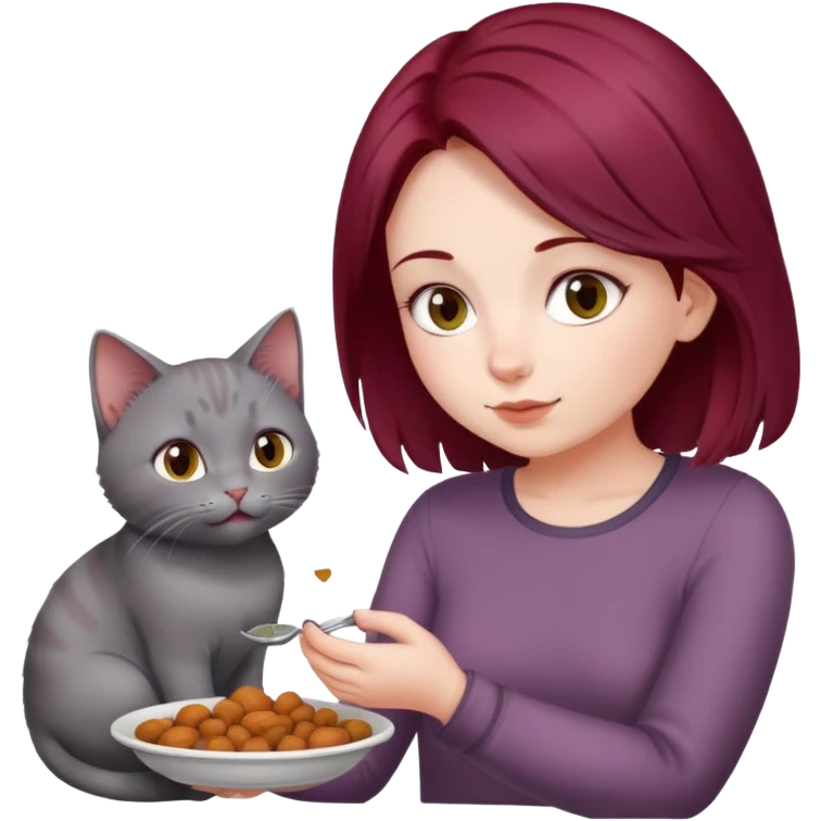 Beautiful long burgundy haired girl feeding gray cat emoji