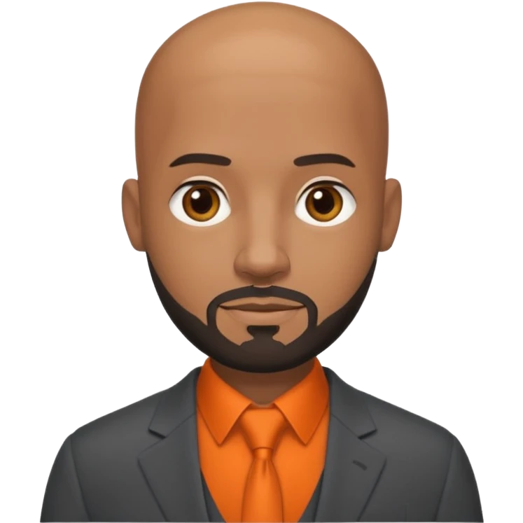 headshot of a sophisticated, stylish, bald head, small eyes Caribbean black man with a beard and goatee in a dark gray suit and orange shirt emoji