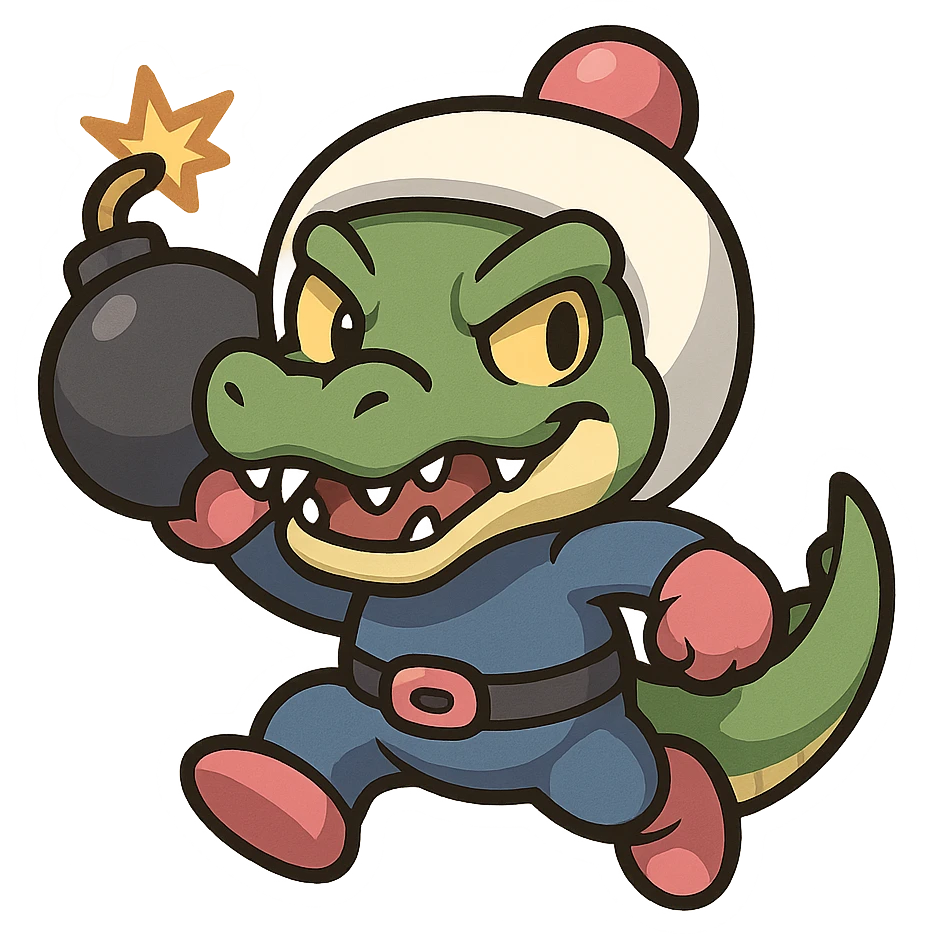 A crocodile character inspired by Bomberman, featuring a white helmet, blue suit, and a mischievous expression, ready to throw a bomb emoji