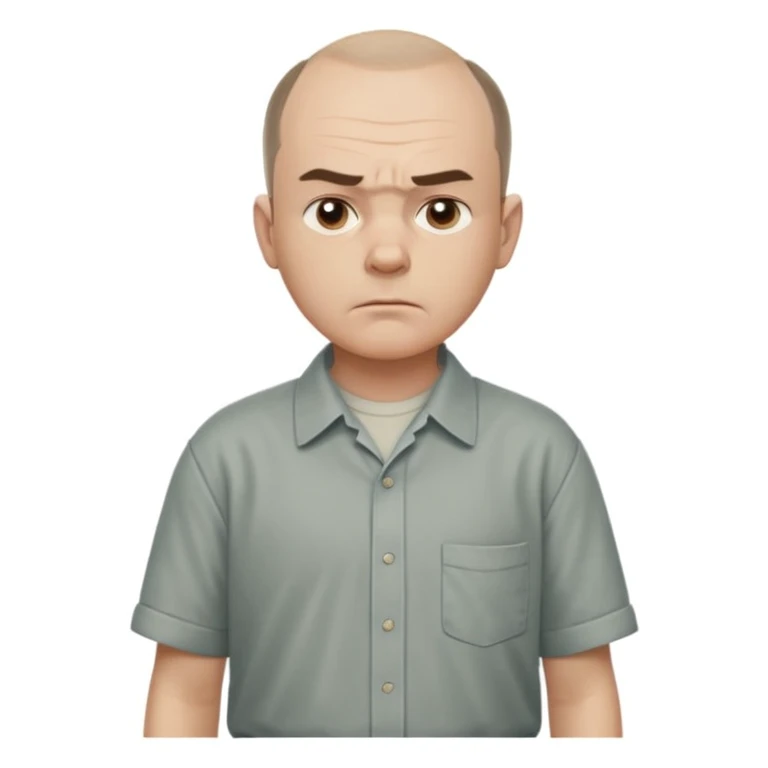 Carl from Sling Blade, serious expression, recognizable features, neutral background, full body, chin sticking out, slouching posture, no glasses, shirt with collar,  side view, the 4th image is good. show his entire body, he is standing. we see him from the side emoji