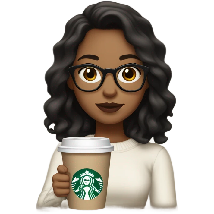 Tan girl with black wavy hair, dark brown eyes full lips holding a cup of Starbucks wearing a white sweater with glasses emoji