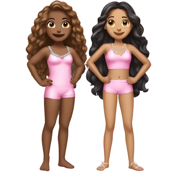 two teenage Latina best friends wearing pink. Long hair. Pink bows. Pearls. Light pink. Diamonds outfits. Two piece swimsuit emoji