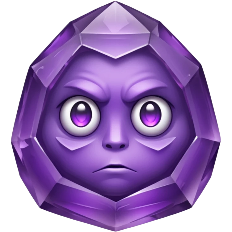 Single gemstone amethyst character, squat and heavy like a rock, with carved facets with eyes emoji