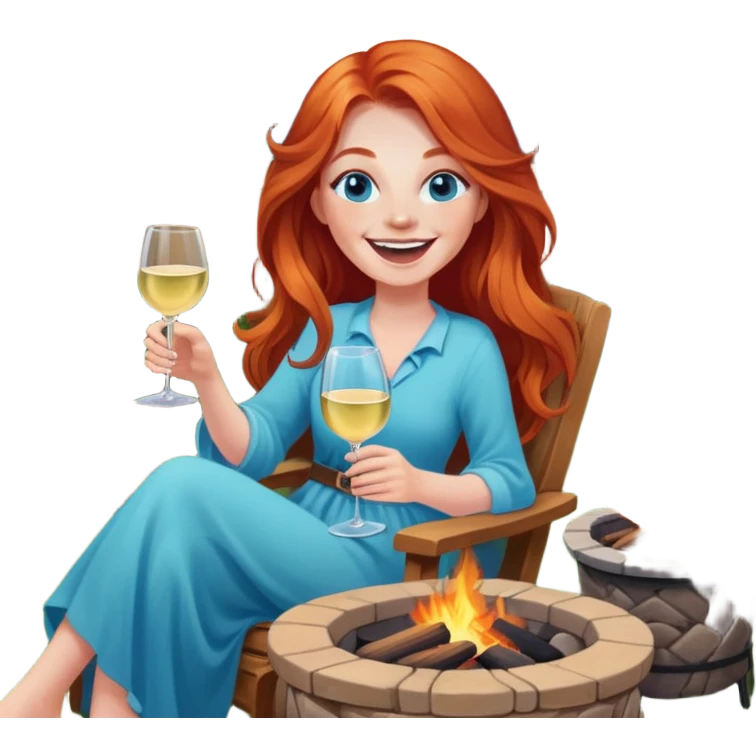 Laughing redhead with long hair and blue eyes holding white wine sitting in chair beside fire pit in backyard emoji