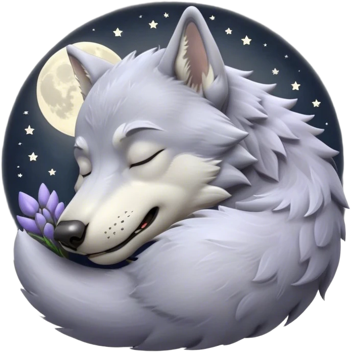 Meme-Worthy Cute Sleeping Werewolf Portrait Emoji, with a cuddly, miniature lupine form in soft moonlit grays and silvers, head resting peacefully with gently closed dreamy eyes and a small, content smile, simplified yet irresistibly endearing, highly detailed with a soft glowing outline that captures the cozy, sleepy essence of a werewolf after frolicking under the full moon! emoji