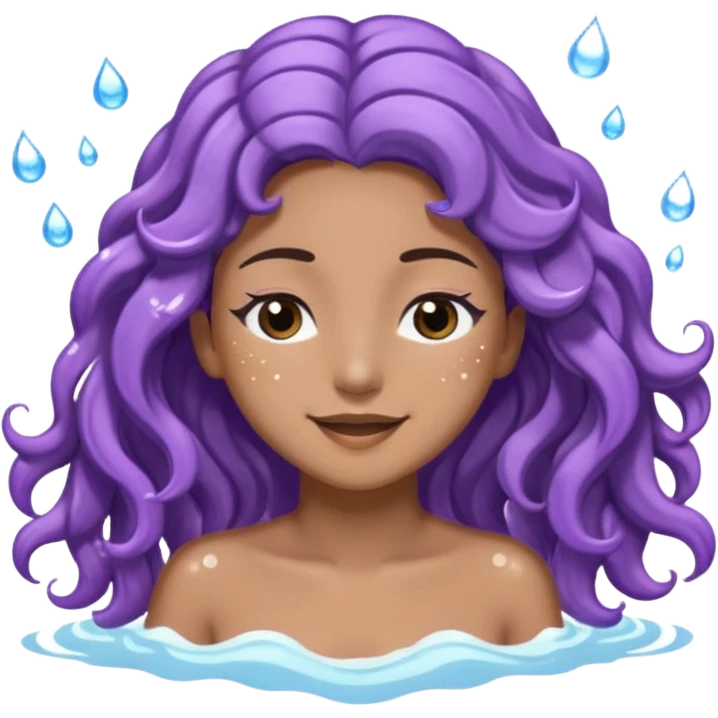 Sticker 3D joven de piel morena clara, ojos marrón oscuro y pestañas largas. Cabello castaño ondulado extralargo hasta la mitad de los glúteos. Viste DE lavanda. con abundante espuma  sobre su cabeza y manos en el pelo, ojos cerrados, expresión feliz. Render con destellos de agua. emoji