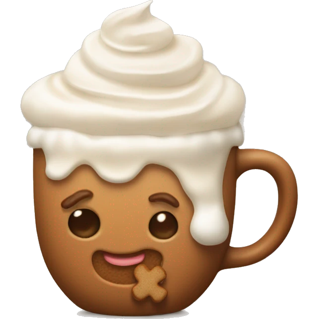 Hot gingerbread latte in a beige mug with whipped cream emoji
