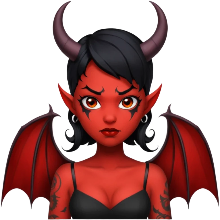 Demon girl, entire skin solid red, black hair, horns, bat wing, black dress, tattoo-flash comic. emoji