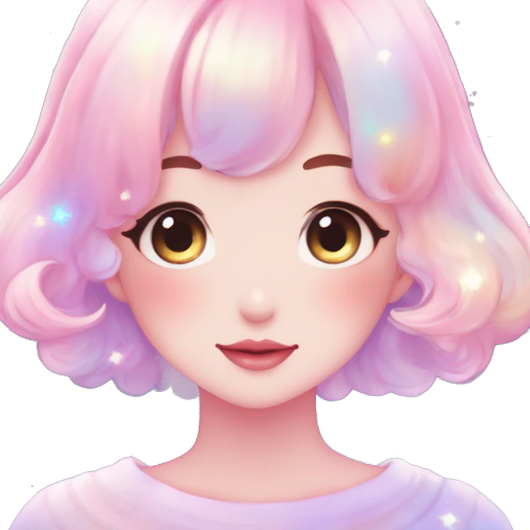 Gorgeous pastel anime style lady blushing nebula gradient sparkle face dreamy idol model colorful shiny stars galaxy kawaii cottagecore pearly petite simplistic aesthetic trending style emoji