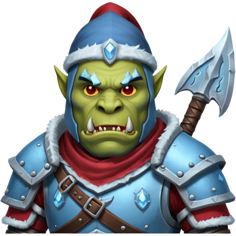 
Fantasy Christmas orc legion soldier icon, iron tundra army theme, heavy winter armor, disciplined brutal look, icy blue steel armor with deep crimson accents, frozen metal texture, cold winter atmosphere, clean readable emoji style
 emoji