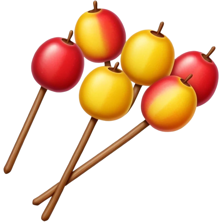 Tanghulu candied hawthorn fruits on wooden stick, simplified emoji style with bold outlines and bright colors, cartoon style shiny sugar coated Chinese street snack emoji