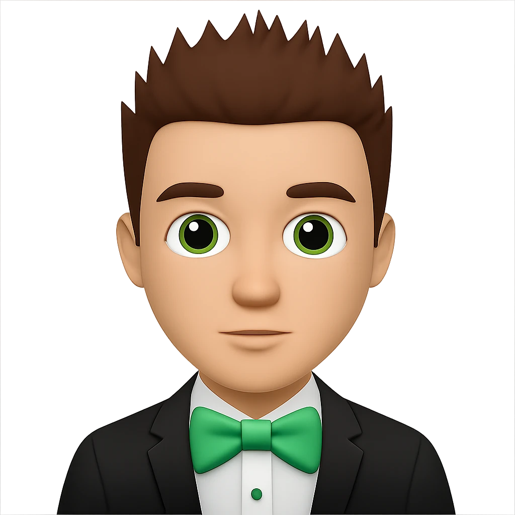 Change the man's hair to short spiky hair, keep the man with green bow tie, in apple emoji style, with no background. emoji