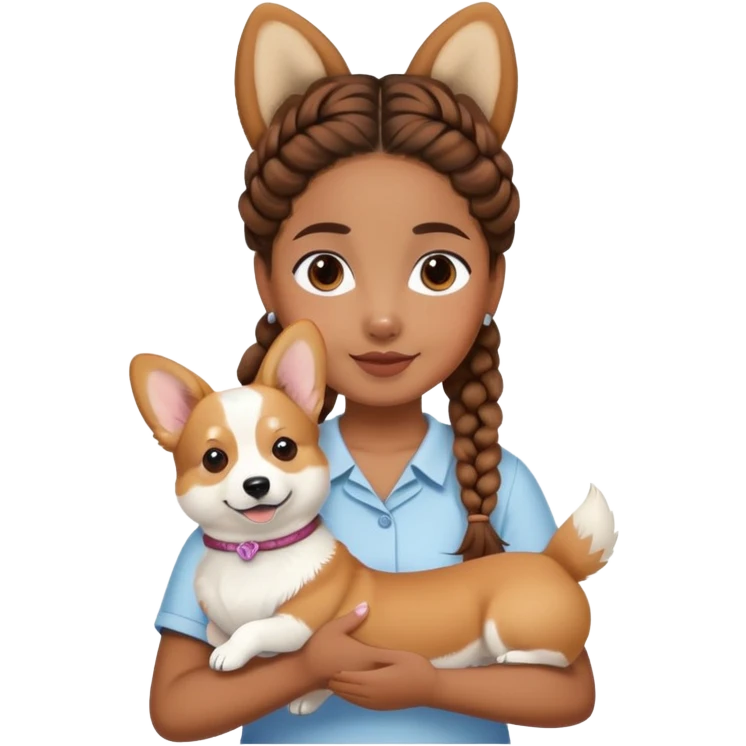 A girl with brown braided hair is holding a white corgi emoji