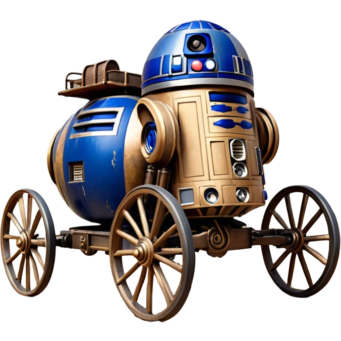 Old American West tarnished R2D2 bounty policeman in 1854 delicately ornate rosegold accents painted buggy buckboard wagon powered by electric motors and batteries with safety features and belts flying rapidly across rough dusty terrain stable on strong agile futuresteampunk suspension and steering  emoji