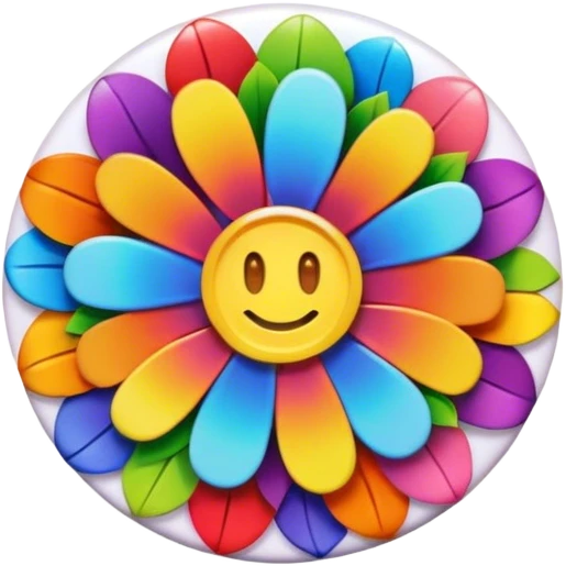 A round hippie colored button with rainbow colored flowers in the center emoji