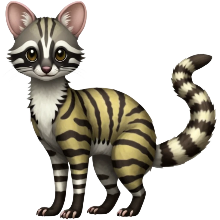 Feral Rare Fantasy shaded detailed colorful Genet-Trico-Civet-Cacomistle-Margay-species by LiLaiRa,, with white stripes with dark-blackish points, white belly, random markings, tufted tail, tufted ears, full body emoji