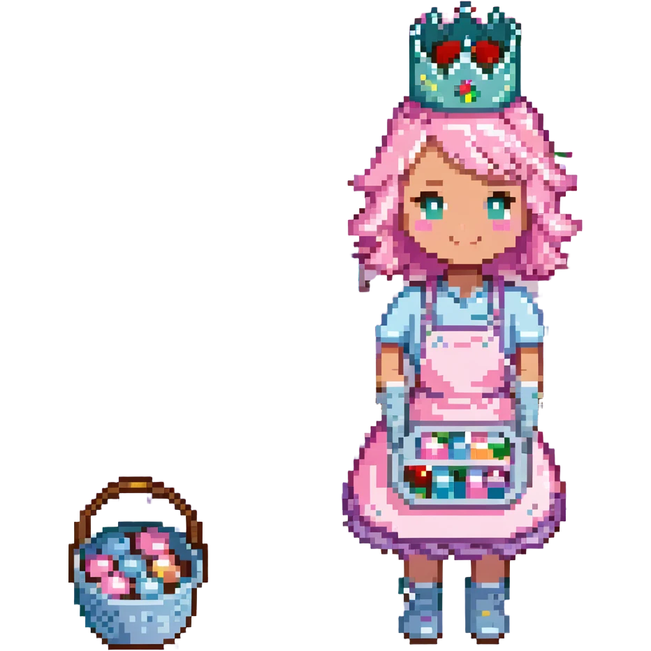 A playful baker in a pastel-pink candy lab. Walls of bubblegum bricks, frosting-covered counters, and a cupcake-shaped oven. The baker wears a gummy bear-studded apron, marshmallow gloves, and a rock candy crown. UI elements look like melting lollipops, candy cane sliders, and syrupy transitions. emoji
