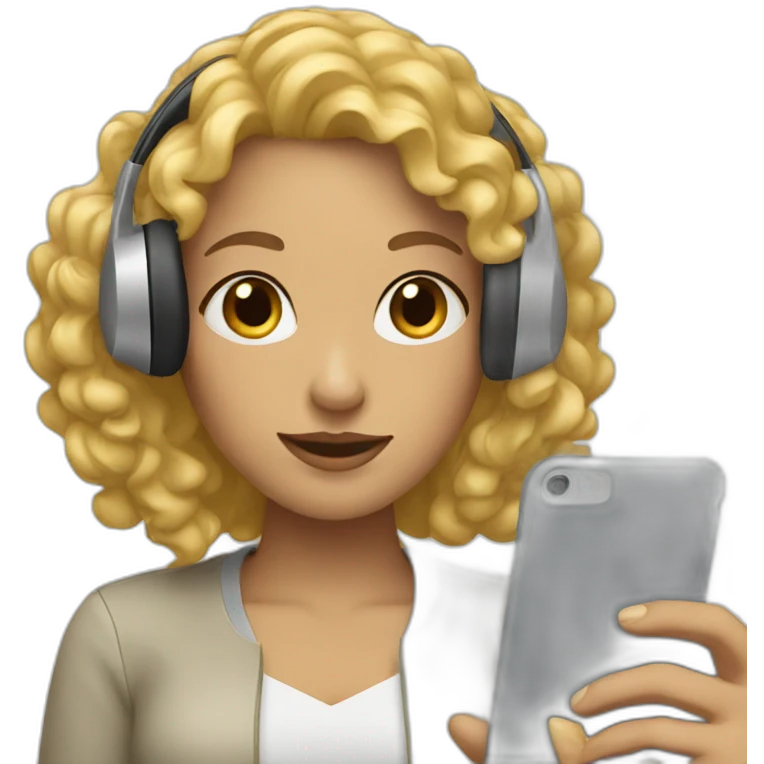 A woman with blond and curly hair and wearing headphones and a phone emoji