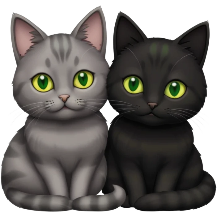 1 grey cat with green eyes and 1 black with yellow/green eyes cat cuddling emoji