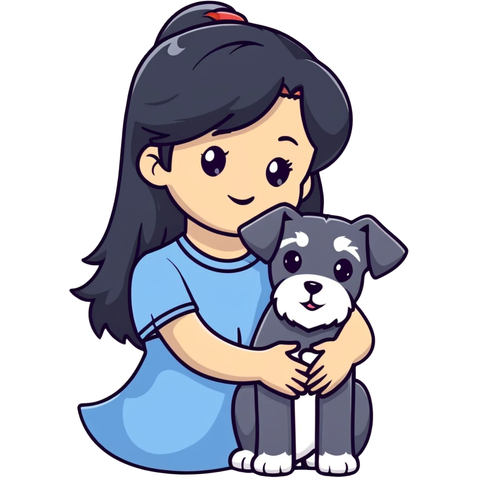 girl with long black hair holding a Schnauzer dog emoji