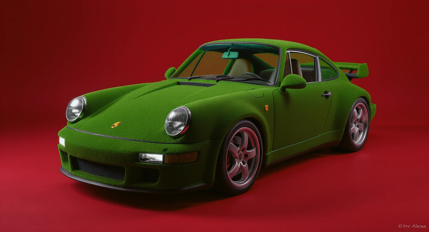Medium shot of a porsche 911 made of green grass, red solid studio background, low keu light, top soft light, dutch angle,  captured by arri alexa emoji