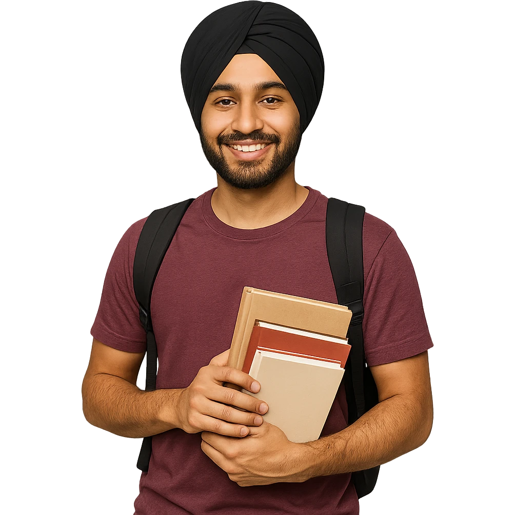 university sikh boy wearing a turban and casual student outfit, holding books, friendly expression emoji