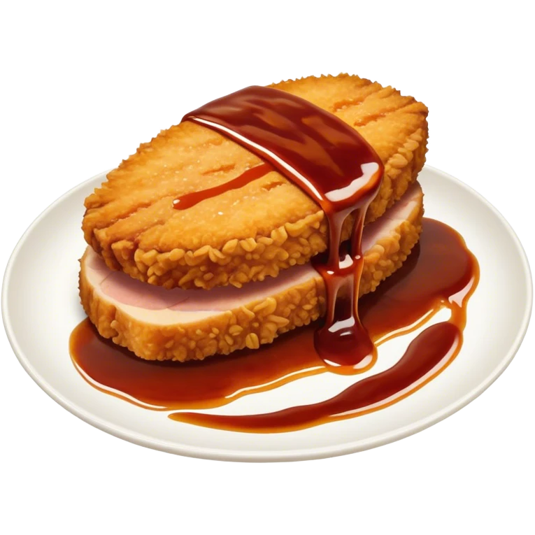 Tonkatsu Cinematic Realistic Tonkatsu Dish Emoji, depicted as a golden, crispy pork cutlet drizzled with tangy BBQ sauce, rendered with detailed textures and dynamic, appetizing lighting. emoji