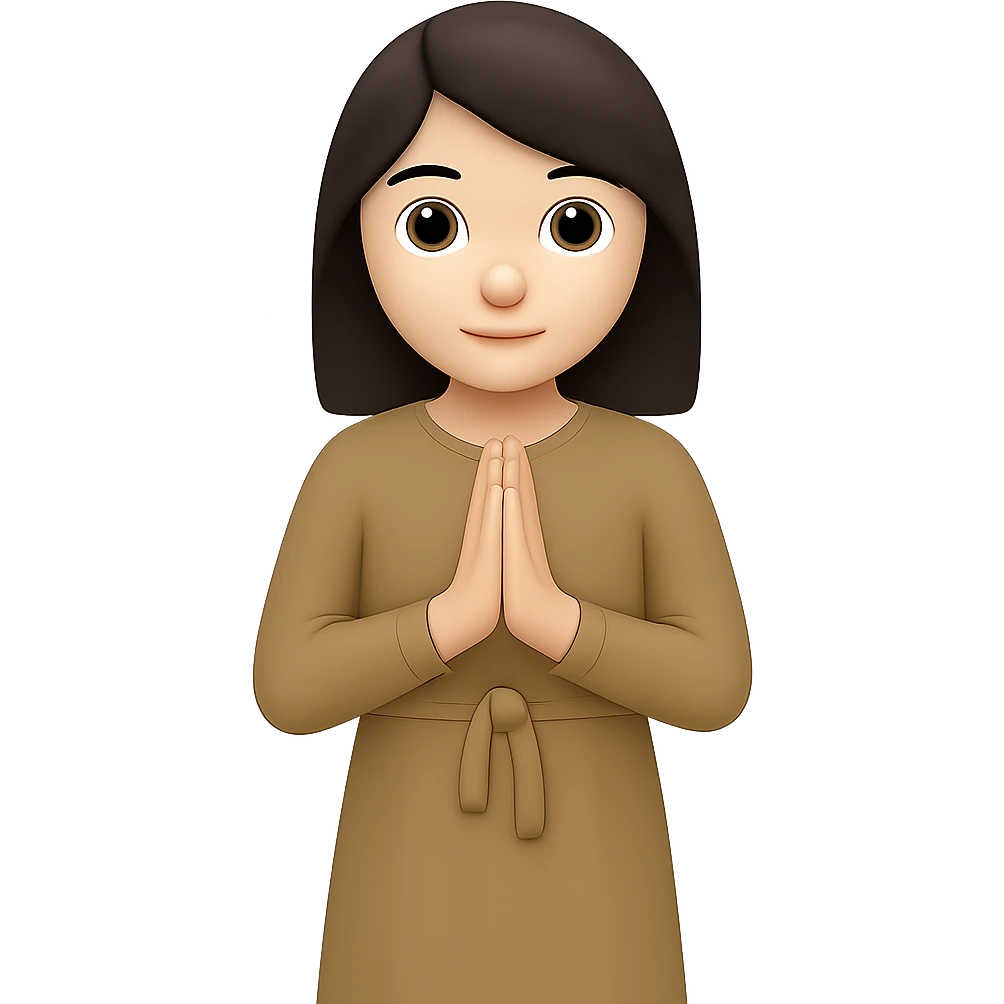 Create another variation of a woman standing and praying from the front view, wearing a long tan dress, with dark brown hair, in the style of emoji. Remove the background. emoji