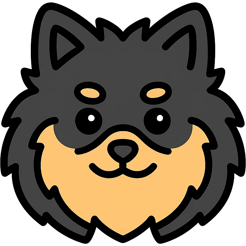fluffy black and tan Pomeranian dog face, large round eyes, black button nose, tan muzzle, tan eyebrow spots, thick fluffy fur, upright tousled ears, friendly and cute emoji