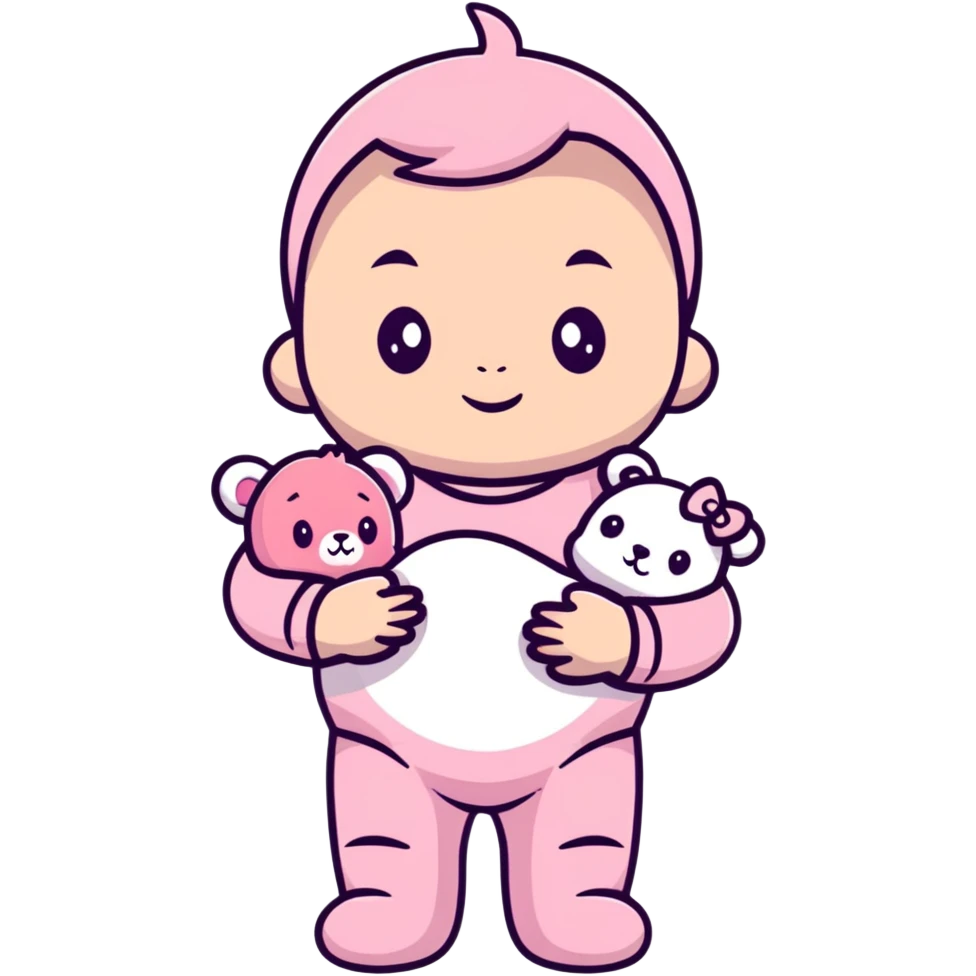 adorable baby in pastel pink outfit with pink teddy bear emoji