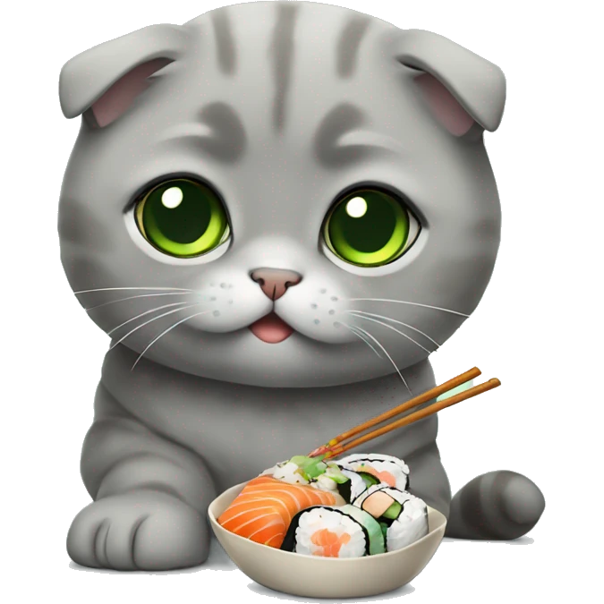 gray scottish fold with green eyes eating sushi emoji