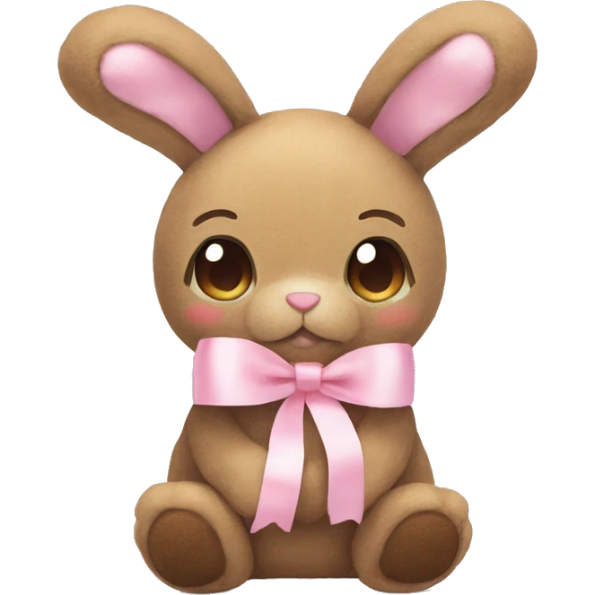Pastel brown stuffed bunny plushie with pastel pink ribbon on one of the bunnies ears emoji